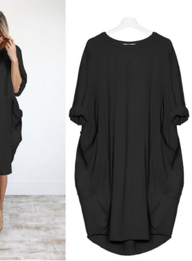 亚马逊wish速卖通新款女装 2020爆款休闲宽松口袋长袖连衣裙