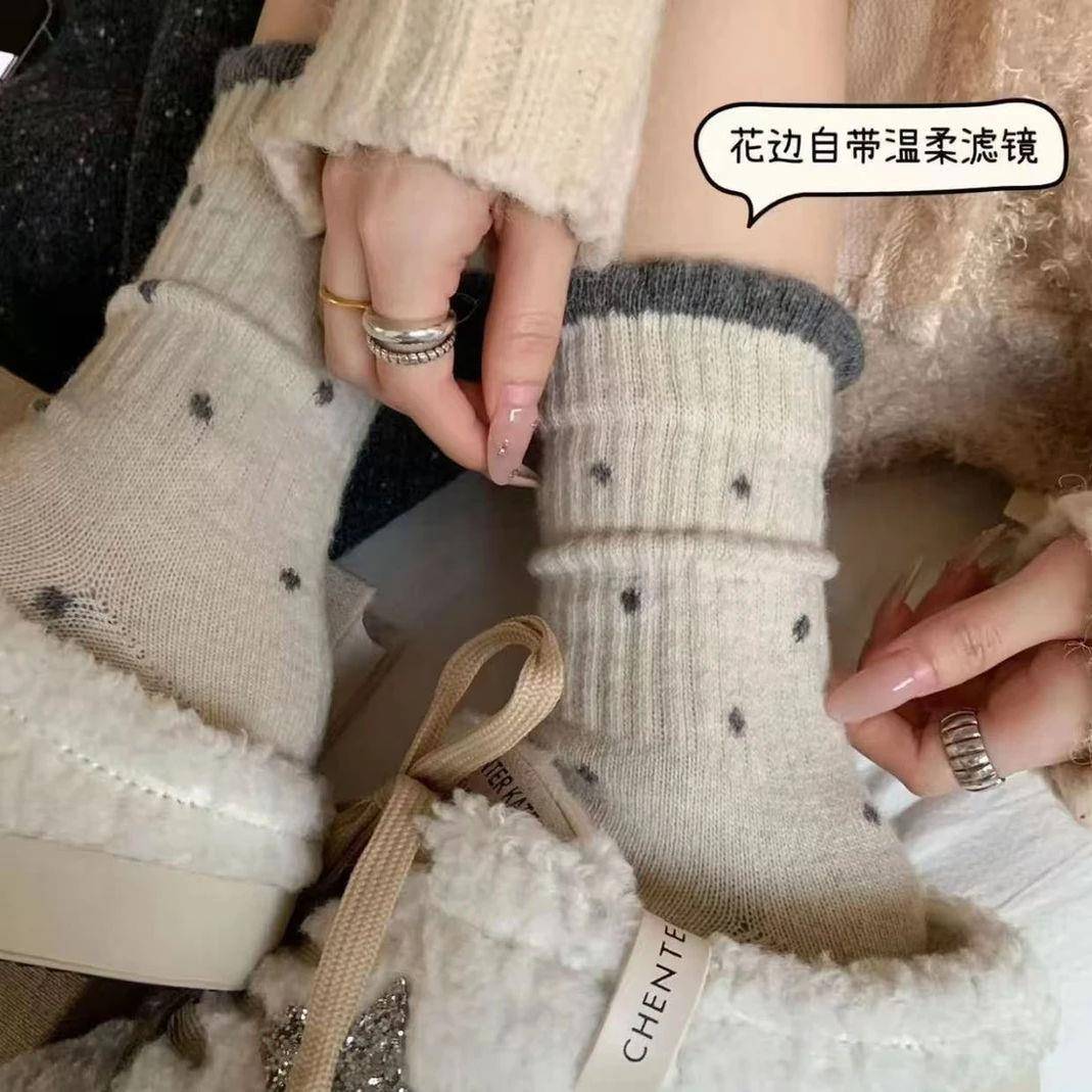 缇能袜业袜子女秋冬波点温柔花边百搭长筒覆古多巴胺宽口百搭棉袜