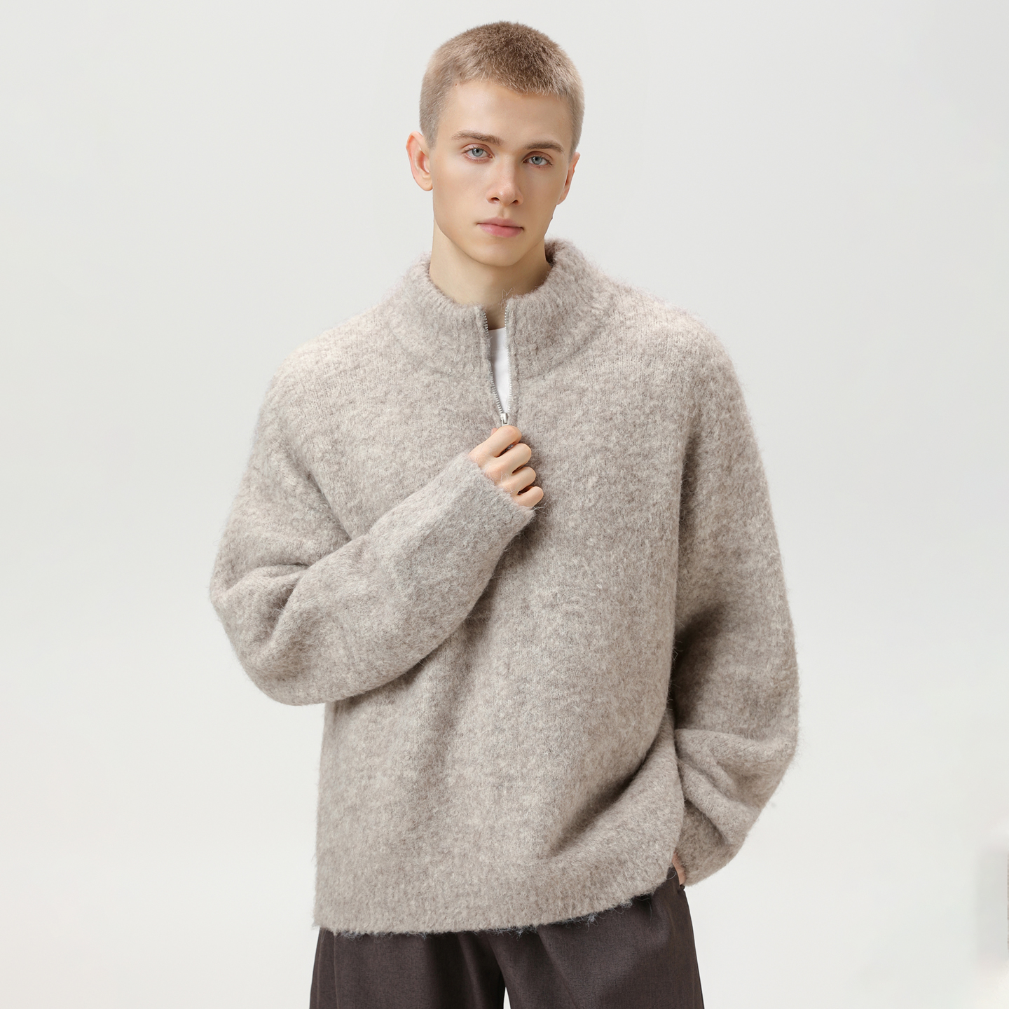 STA保暖街头复古半拉链针织毛衣