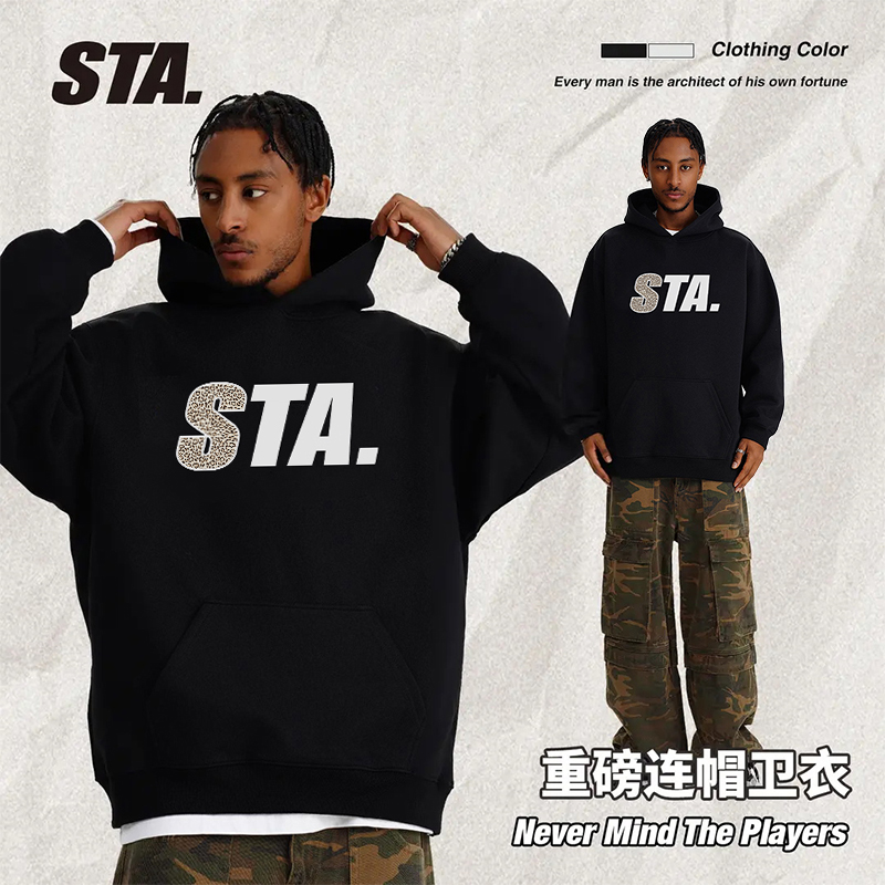 STA国潮宽松通勤连帽卫衣重磅男