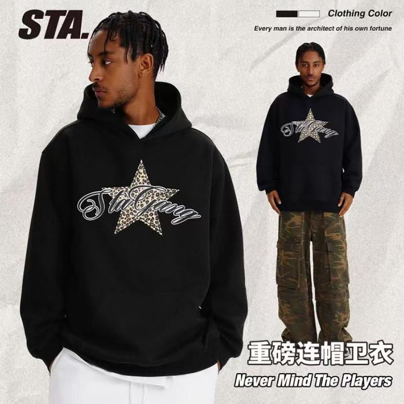 STA美式复古豹纹星星印花卫衣男