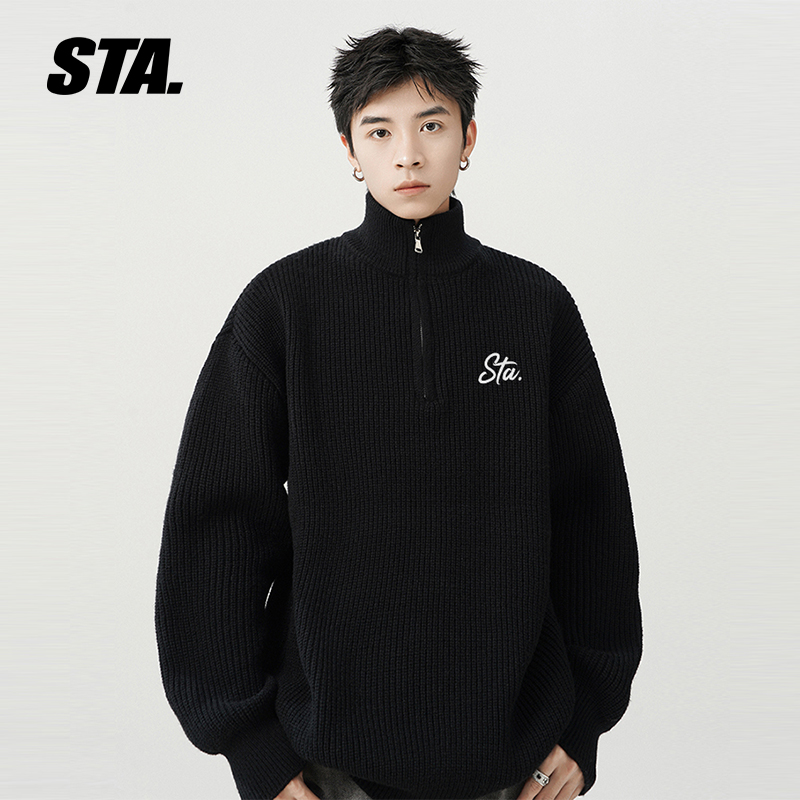 STA潮牌老钱风半拉链立领毛衣男