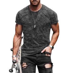 Loose Shirt Art Sleeve Short Casual Men Graffiti Grey