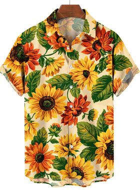 3D sunflower print loose lapel shirt3D向日葵印花宽松翻领衬衣