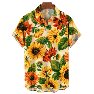 3D sunflower print loose lapel shirt3D向日葵印花宽松翻领衬衣