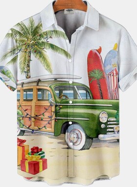 Beach 3D print plus-size lapel shirt  沙滩3D印花大码翻领衬衣