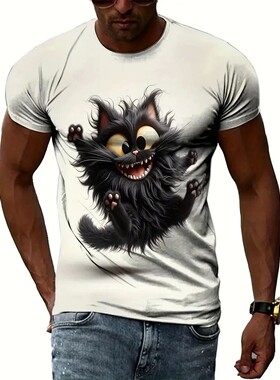 3D cat cartoon print loose short sleeves3D猫咪卡通印花短袖男