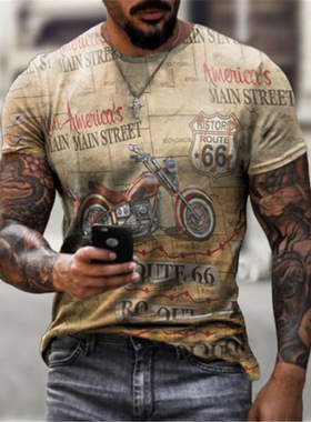 Summer slim casual brown round neck 3D printing youth T-shir