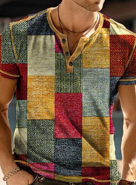 Retro 3D plaid half-open collar T-shirt 复古3D格子半开领短袖