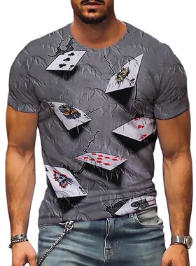 Poker 3D printed round neck T-shirt休闲扑克3D印花圆领短袖T恤
