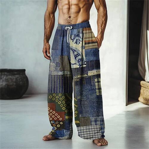 男士印花拼接阔腿休闲裤不易变形