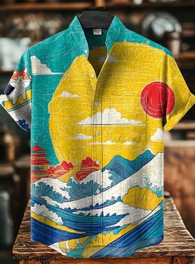 3d印花艺术翻领衬衫短袖男3D printed men's lapel art shirt top