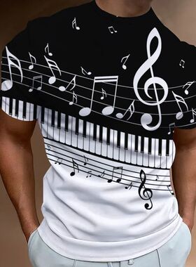 Leisure 3D note print body fit T-shirt 休闲3D音符印花修身T恤