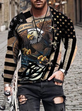 Round neck long sleeve 3D printed loose pullover men's T-shi