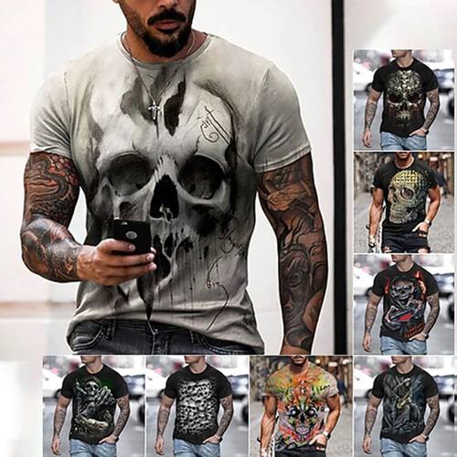 3D骷髅印花大码圆领短袖上衣 3D Skull Printed Short Sleeve Top