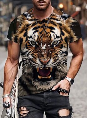 3D Animal Print Round Neck Short Sleeve3D动物印花圆领短袖T恤