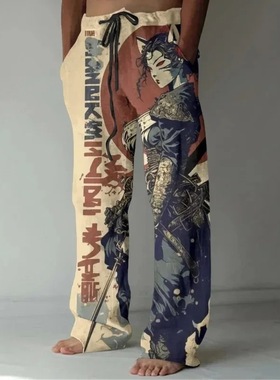 男士街头风印花高腰阔腿裤