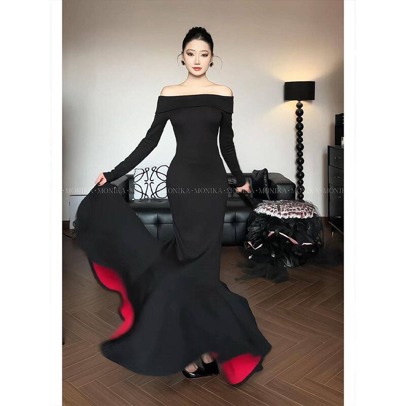 实价气质风御姐有莲红底生长裙轻熟冬季连衣裙修身货步步一字肩