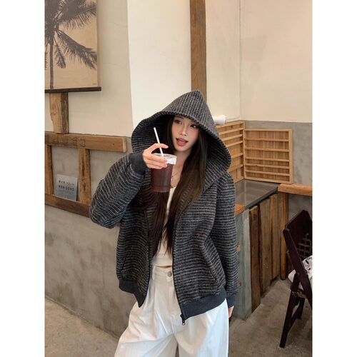 复古帽衫开衫原版面料女宽松条纹连帽卫衣美式拉链上衣慵懒外套