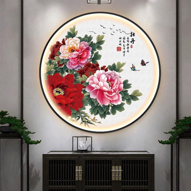 新中式牡丹玄关装饰画圆形客厅带灯壁画卧室餐厅花开富贵LED灯画图片