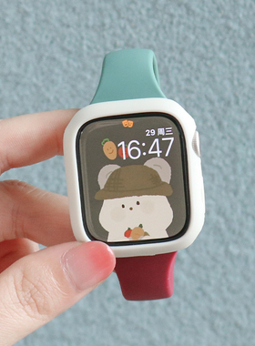 适用于iwatch6/5/Ultra4/3/2seApplewatch7/8苹果手表表带代替换表带拼接创意配件潮流时尚硅胶款酒红松林