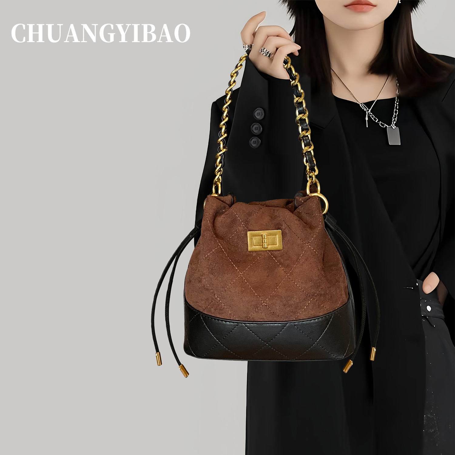 【品牌直营】咖色轻奢链条水桶包