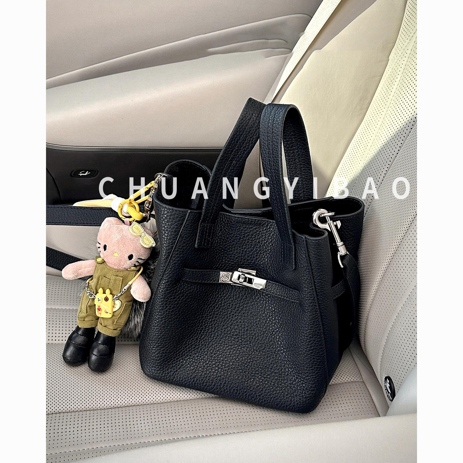 黑色荔枝纹菜篮子手提包包女式2025新款潮高级感大容量单肩斜挎包,箱包皮具/热销女包/男包,水桶包,淘宝优惠券,粉丝福利购,淘宝优惠卷