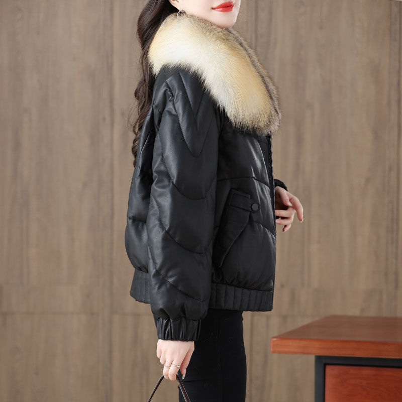 海宁皮草真皮羽绒服女绵羊皮2024新款冬季短款皮衣外套金岛狐毛领