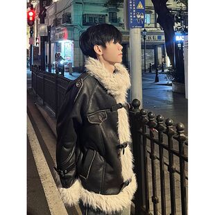 美式复古羊羔毛皮毛一体外套欧美街头机车服麂皮绒立领棉服男女潮