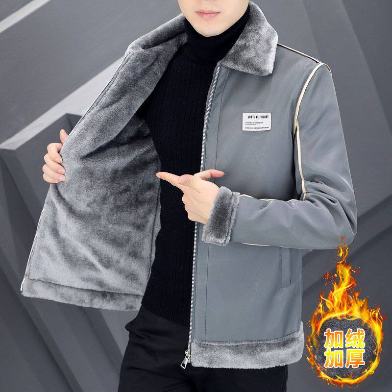 皮绒一体加绒加厚棉衣冬季新款皮衣潮流修身棉服个性鹿皮绒外套男