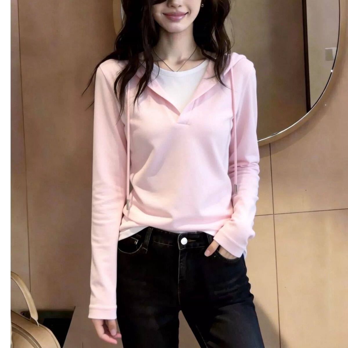 撞色连帽假两件长袖t恤女士春秋2026欧货显瘦叠穿百搭上衣