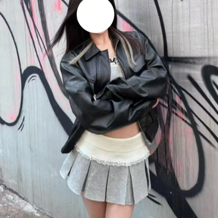蕾丝针织拼接百褶显瘦高腰短裙