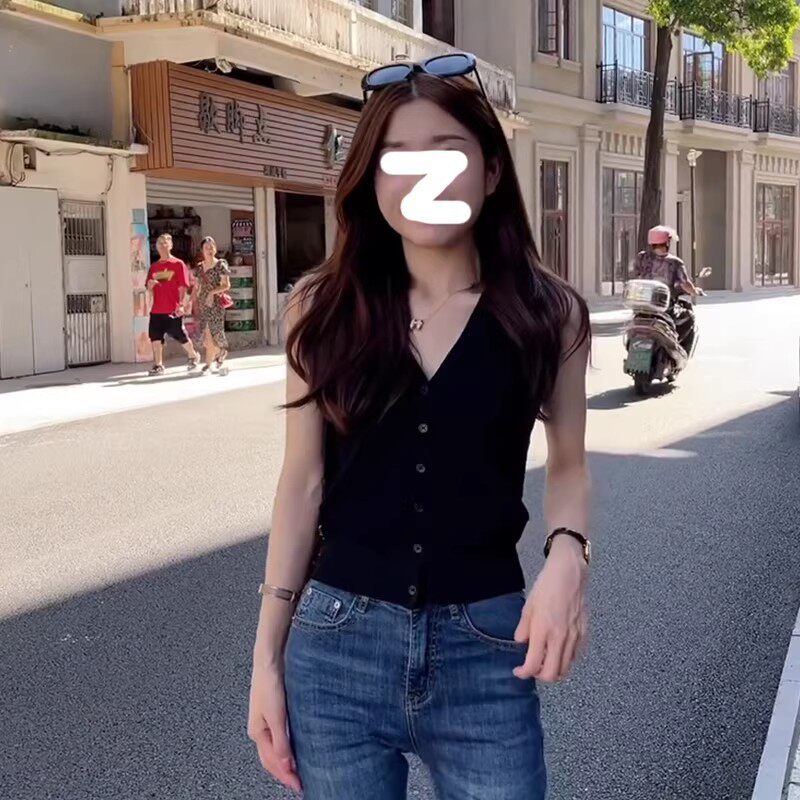 夏季针织港风单排扣修身吊带