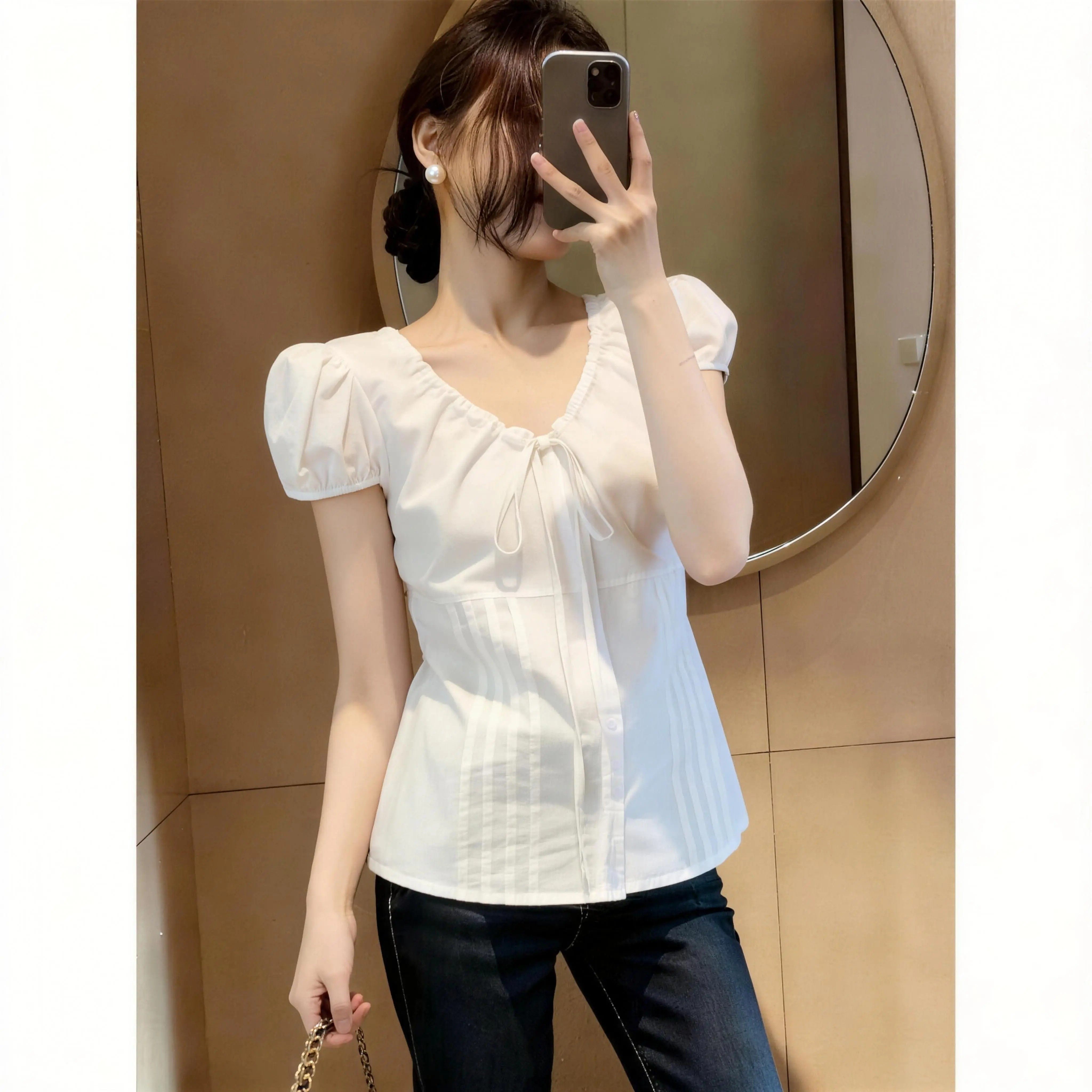 夏季V领系带大码显瘦女衬衫
