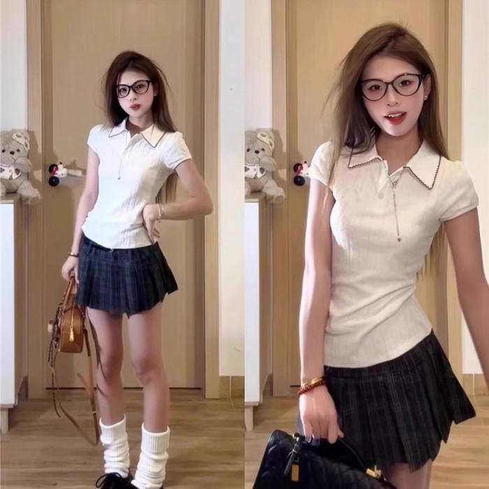 白色Polo领短袖T恤女显瘦日系