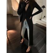 慵懒风v领长袖 连衣裙女时尚 单排扣开衫 春夏季 a字裙修身 中长裙子潮