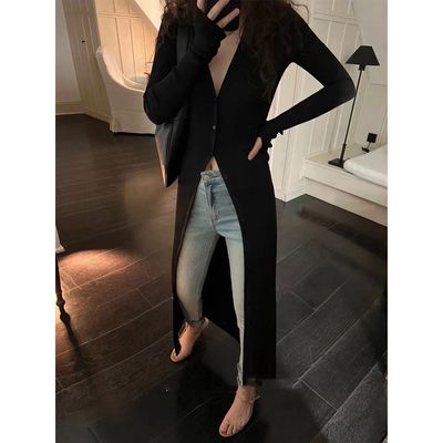 春夏季慵懒风v领长袖连衣裙女时尚单排扣开衫a字裙修身中长裙子潮