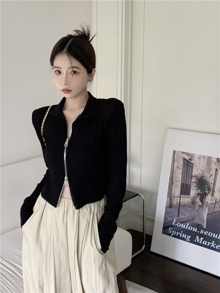 黑色双拉链针织开衫外套女装春秋短款长袖打底衫内搭辣妹正肩上衣