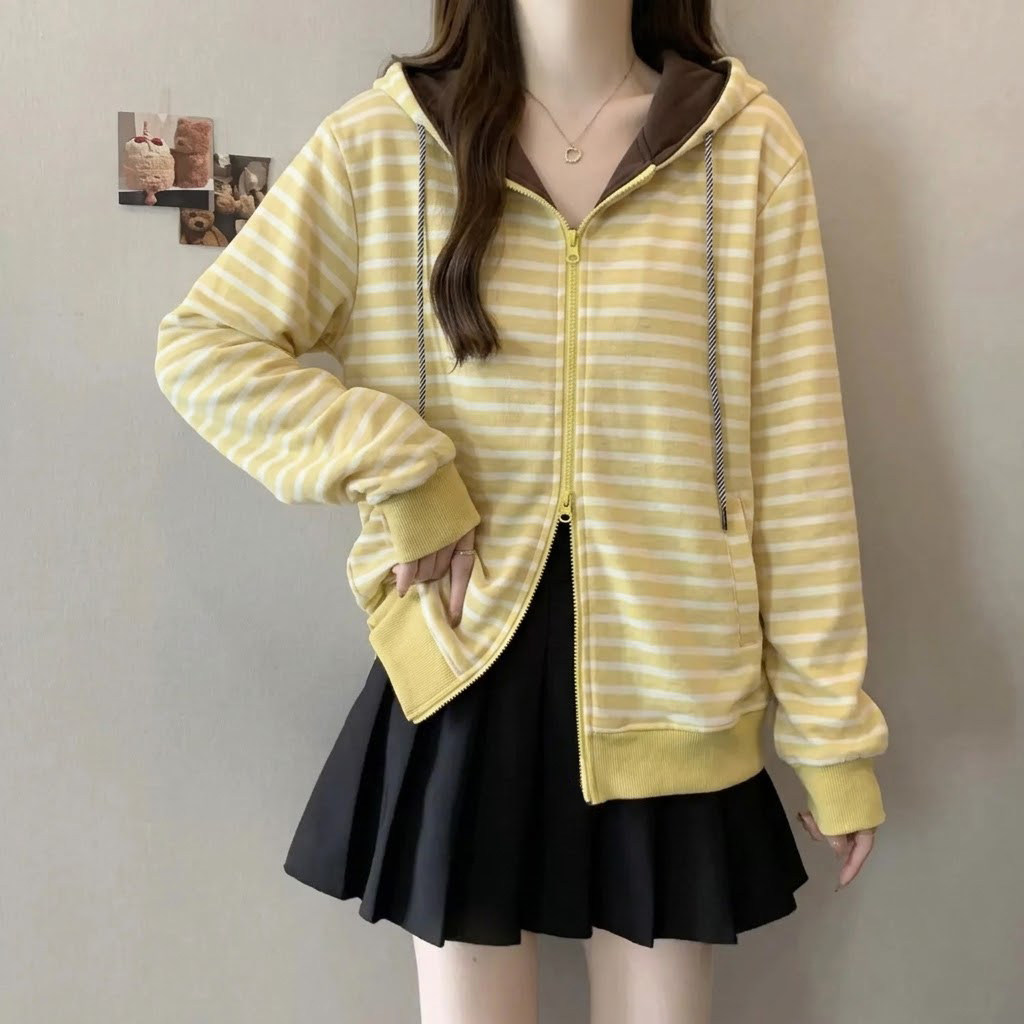 韩系撞色条纹连帽拉链卫衣女