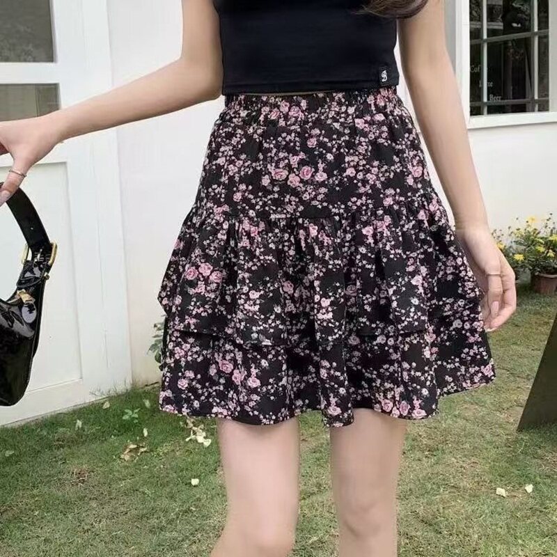 夏季碎花高腰显瘦蛋糕半身裙