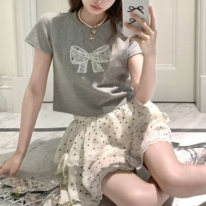 夏季高腰显瘦蕾丝波点蛋糕短裙
