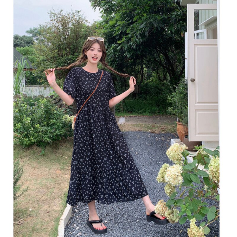夏季法式复古碎花中长款连衣裙