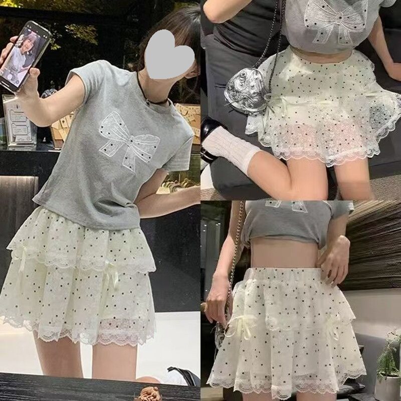夏季法式蕾丝拼接波点蛋糕半身裙