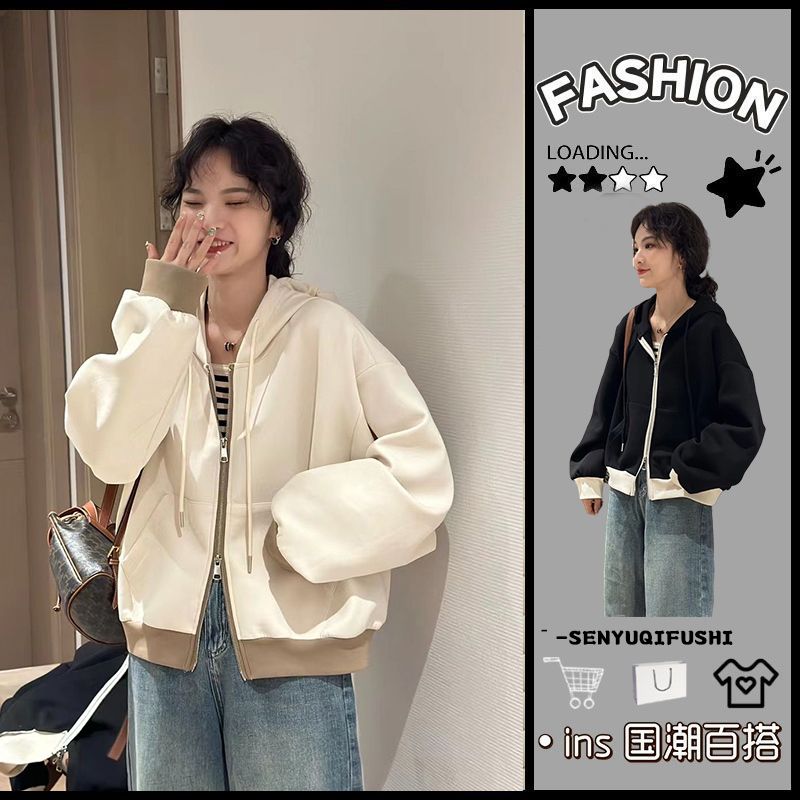 欧货连帽复古拼色卫衣短外套秋冬拉链百搭显休闲上衣女潮