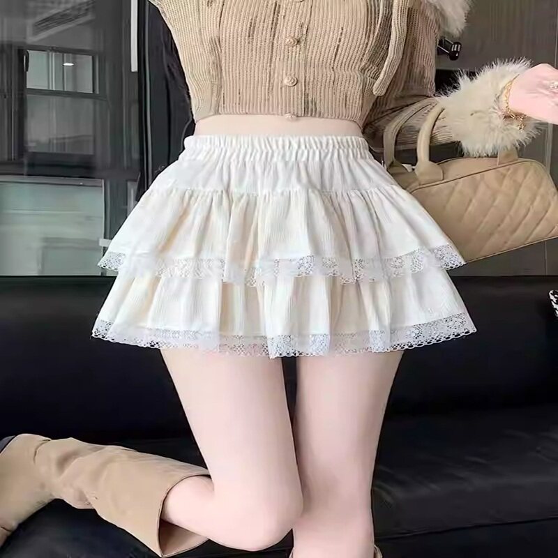 蕾丝拼接甜美A字百褶防走光短裙