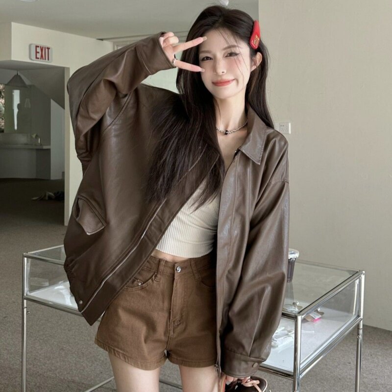 美式复古机车PU皮衣女长袖秋季