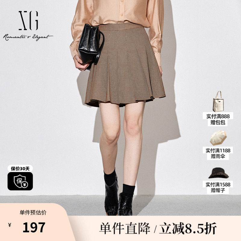 XG雪歌XJ303023B695复古格纹半身裙时尚秋季新款通勤短款百褶裙女
