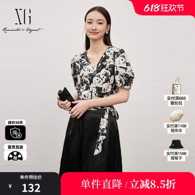 XG雪歌XJ221031B797碎花气质短袖衬衫时尚夏季新款绑带收腰上衣女