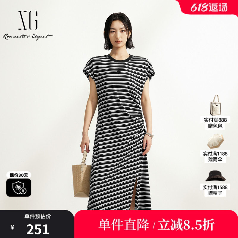 XG/雪歌XM204532B899黑白条纹短袖T恤连衣裙收腰不规则中长裙女装