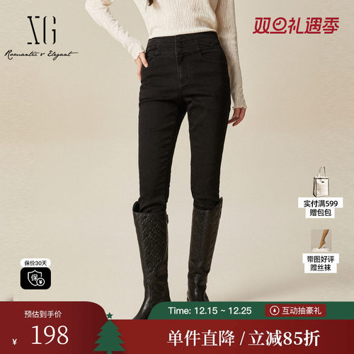 XG/雪歌XJ402040A190棉弹高腰牛仔裤时尚冬季新款修身直筒长裤女